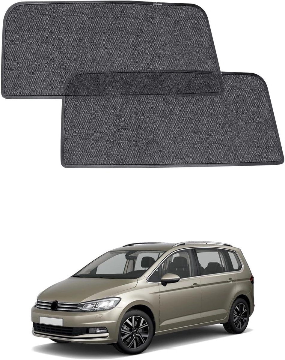 Autozonwering voor VW Touran (2016-2024), zonneschermen voor achterzijramen, ademend, uv-bescherming en hittebescherming, dubbele bescherming voor baby's, huisdieren, set van 2