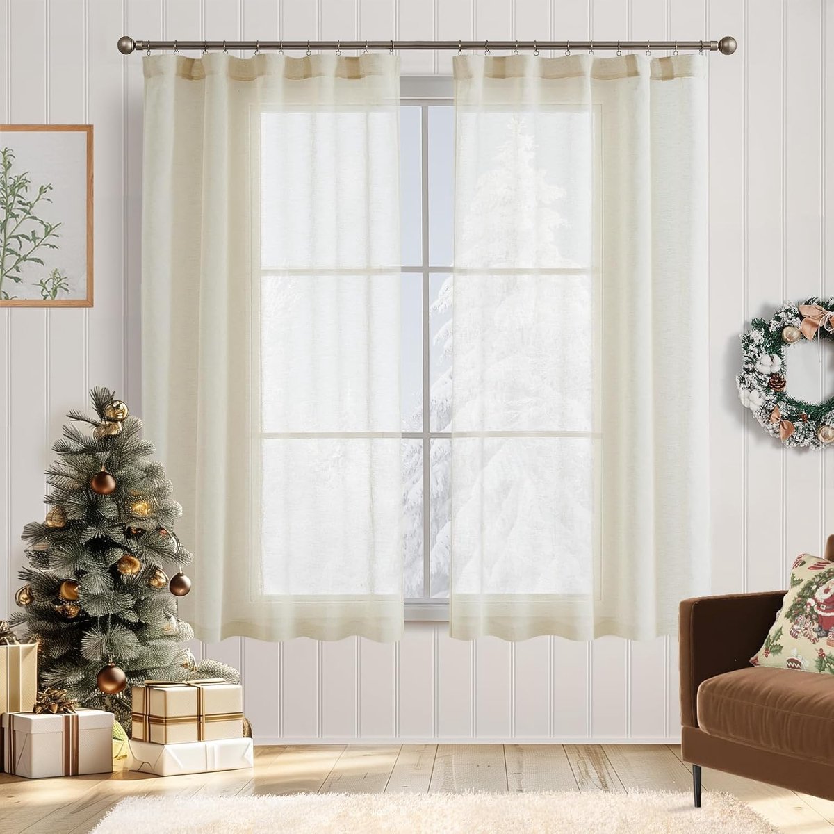 Linnen gordijnen, set van 2, 145 x 140 cm (h x b), met verborgen lussen, gordijnen voor woonkamer,voile, transparant, doorzichtig, landelijke stijl, modern, bruin