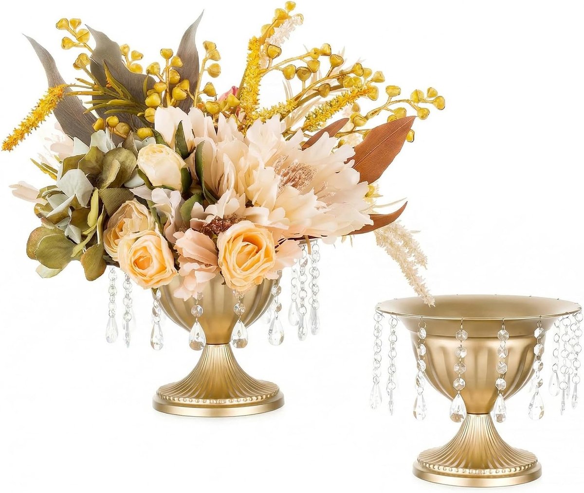 Vazen voor Bruiloften: Set van 10 Metalen Gouden Vazen van 22 cm met Kristalkralen Ketting voor Verjaardagsfeesten Jubilea en Tafelcentrums – Urn Vaas voor Kunstbloemstukken