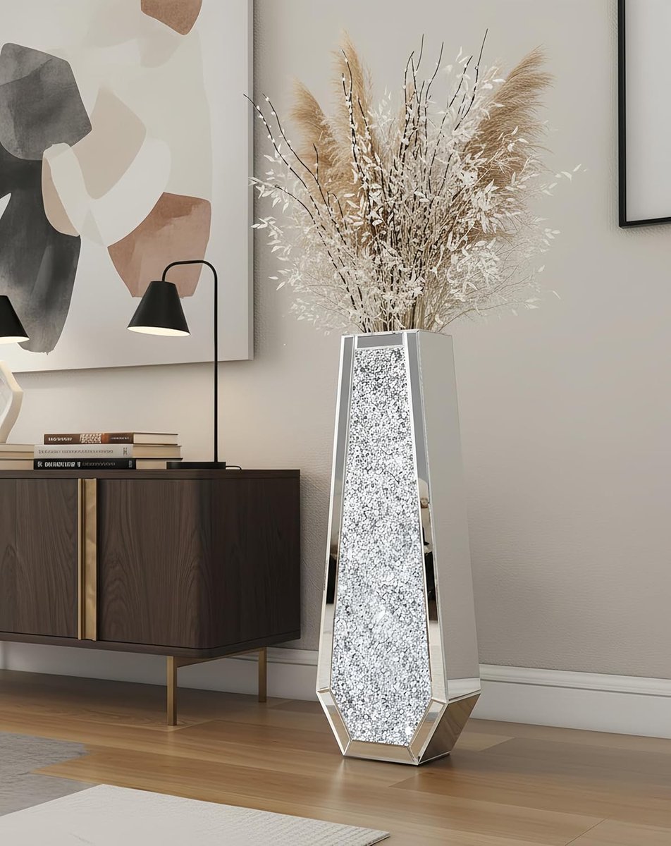 vaas, zilveren kristallene vloervaas, 68 cm hoog, glazen gespiegelde diamanten, luxe woonkamerdecoratie, modern, glitter