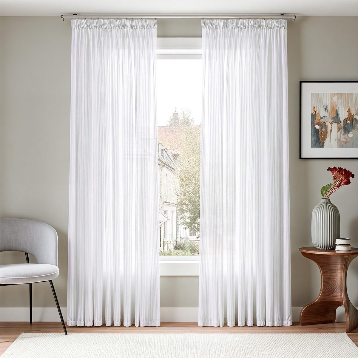 Witte gordijnen, set van 2, H 225 x B 140 (cm) met plooiband, voile strepen, vitrage, gordijnen voor woonkamer, slaapkamer, raam, transparant, boerderij, landhuisstijl, gordijnen
