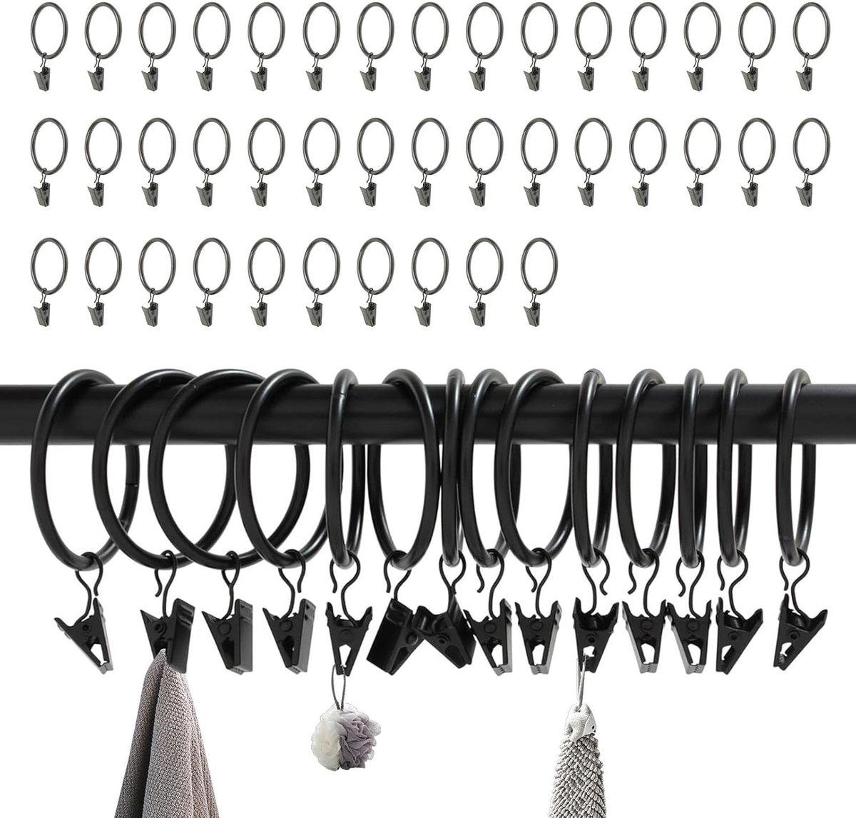 Gordijnringen met clips, gordijnringen met clips, multifunctionele gordijnringen van ijzer, binnendiameter 32 mm, voor slaapkamer, woonkamer, eetkamer (zwart)