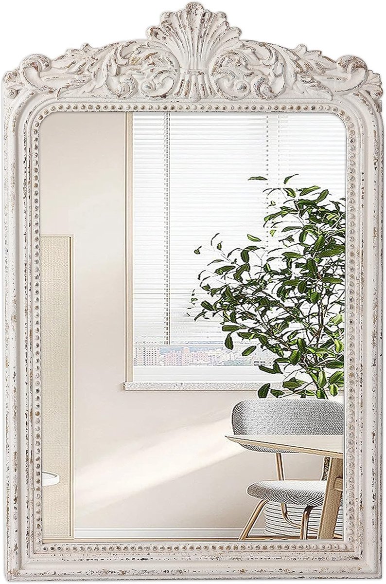 rechthoekige spiegel, 90 x 61 cm, barok, antieke decoratieve wandspiegel, groot, rustiek wit, voor woonkamer, slaapkamer, badkamer