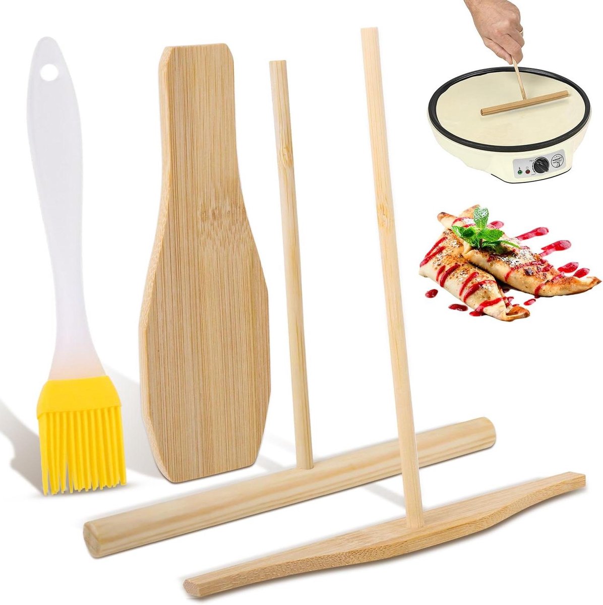 Pannenkoeken spatels - Crêpe gereedschap - Bakken en koken - Natuurlijk beukenhout - Set van 4 - Houtkleur