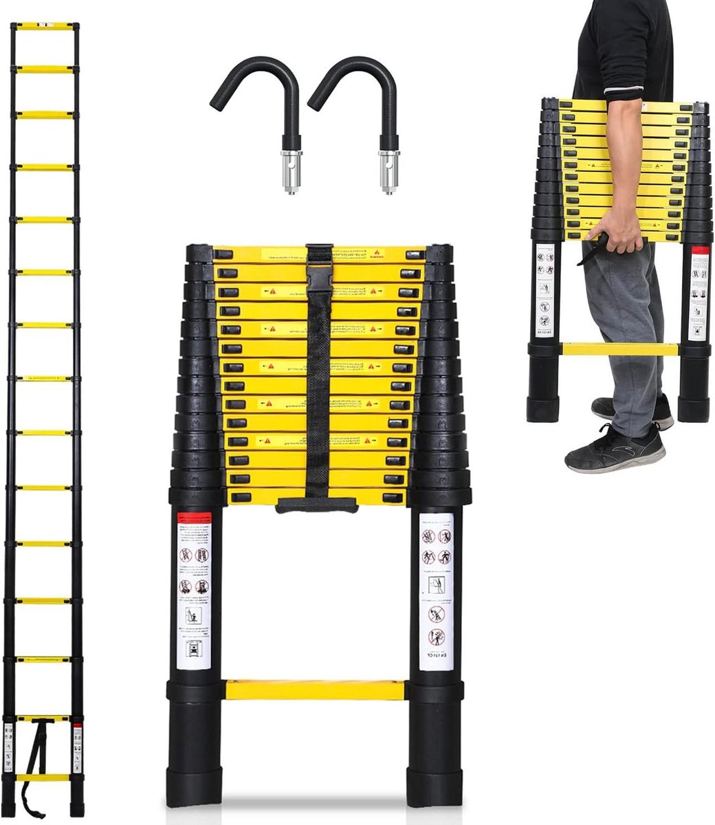 Telescopische ladder - Uittrekbare schuifladder - Veilig klussen - Afneembare haak - 44 meter - Zwart geel