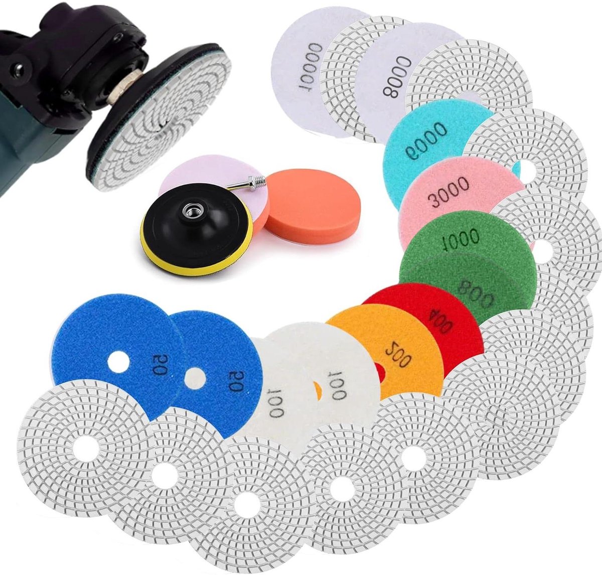Diamant Polijstschijven Set - Schuurpads Graniet - Oppervlakken Bewerken - Nat en Droog Gebruik - 125 mm 16 Stuks - Grijs