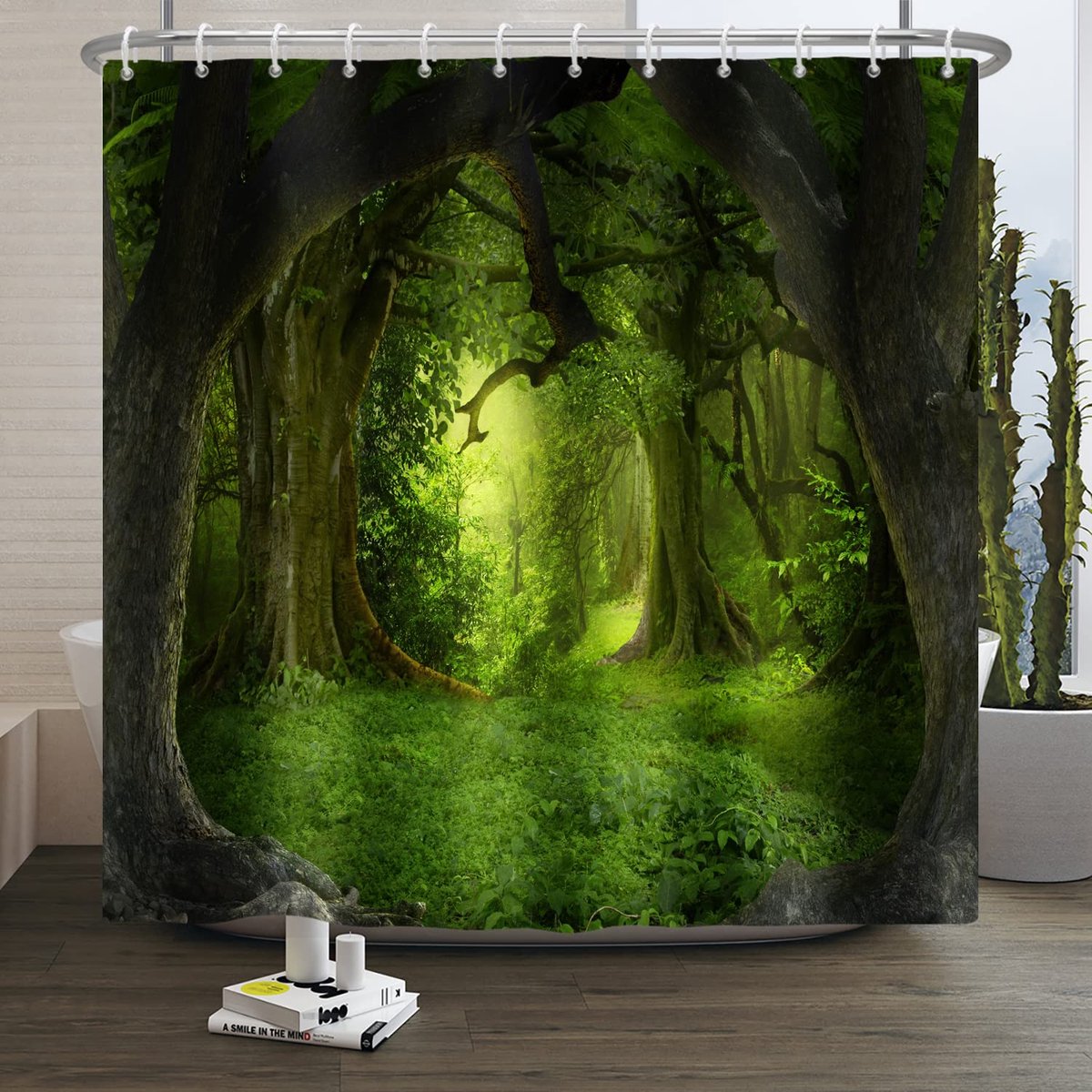 Douchegordijn sprookjesachtige fantasie jungle boom groene plant bad gordijn mysterieus dromerig natuurlijk landschap bad gordijn voor badkamer decor met haken