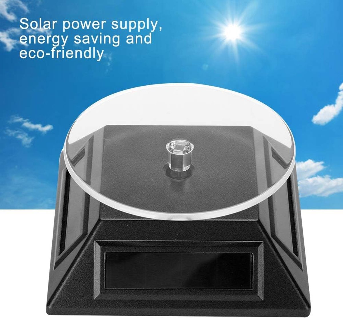 sieradenstandaard, elektrische draaiplaat, op zonne-energie, roterende standaard, 360° draaischijf, roterende horloge, telefoon, sieraden, organizer, displaystandaard, zwart