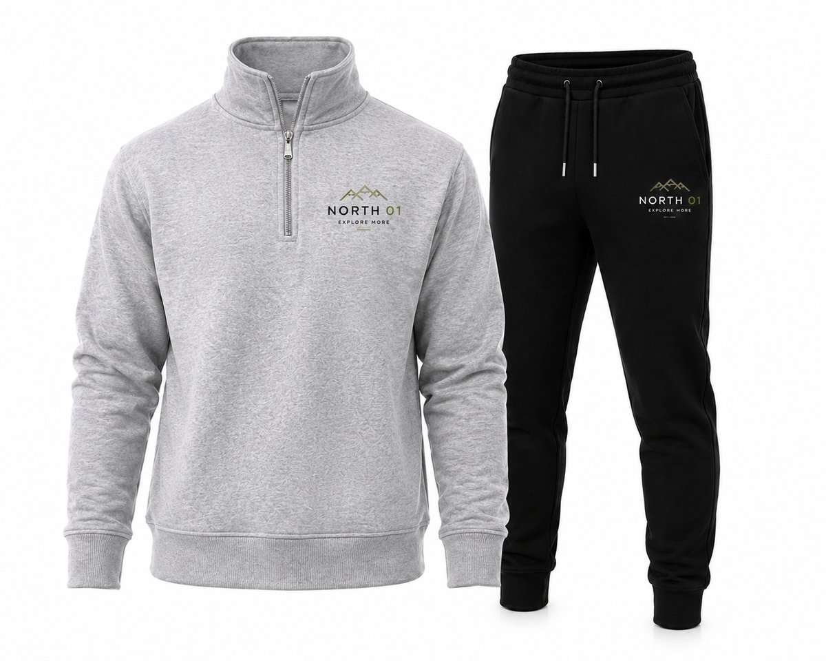 Trainingspak Heren – Half Zip Sweater met Sportbroek – Joggingpak North 01 – Lichtgrijs - Maat L