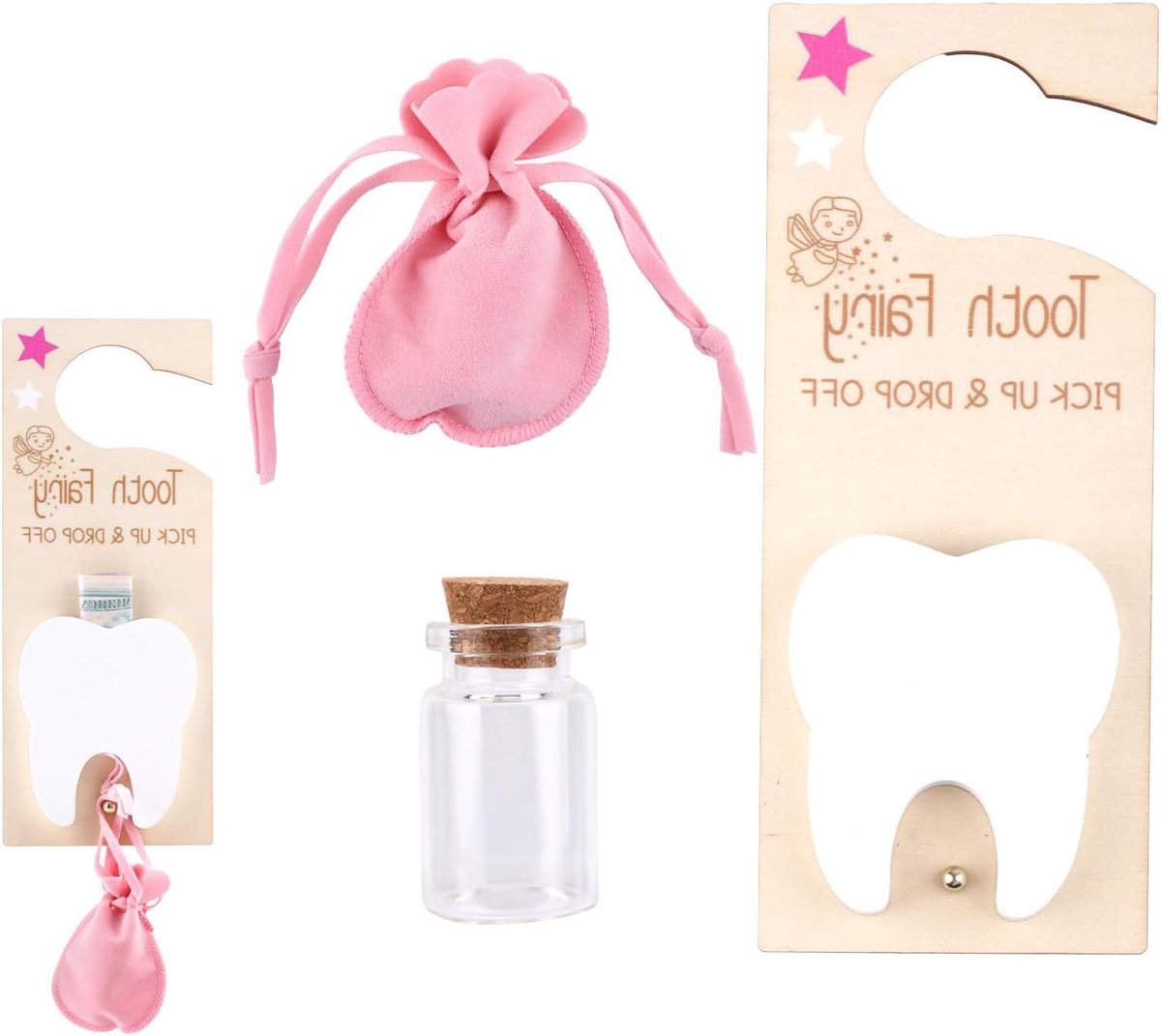 Tandenfee Deurhanger - Bewaarset - Kinderen Vrolijk Maken - Inclusief Jute Zakje - 25x10cm - Roze