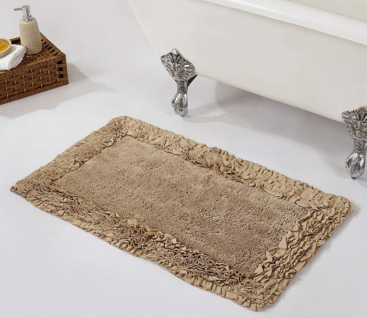 Shaggy Badtapijt met Ruchesrand 53x86 cm - Zacht Katoenen Tapijt Antislip Waterabsorberend Machinewasbaar voor Badkamer Slaapkamer Keuken Beige