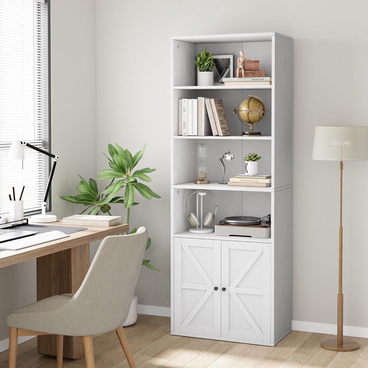 Hoge Boekenkast met Deurtjes - 6 Niveaus - Industrieel Boekenrek met Landelijke Kastdeuren - Wit- Opbergkast voor Woonkamer, Keuken en Kantoor - 181 x 60 x 30 cm