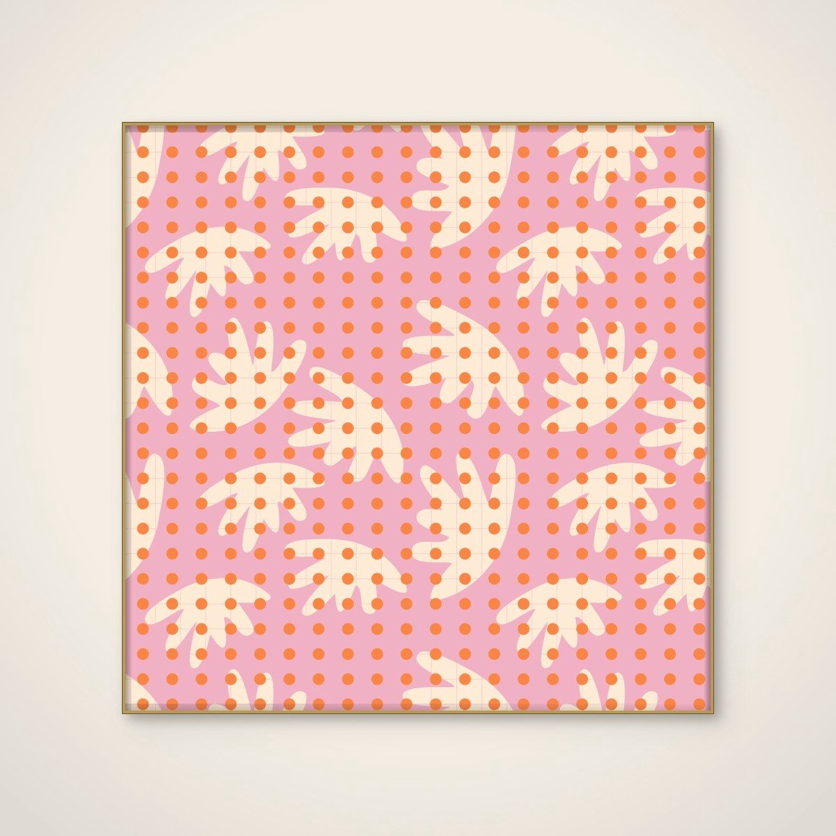 Akoestisch schilderij - 100 x 100 cm - Playful Polka Shapes van Dina Dankers - Geometrische wanddecoratie - goud textielframe