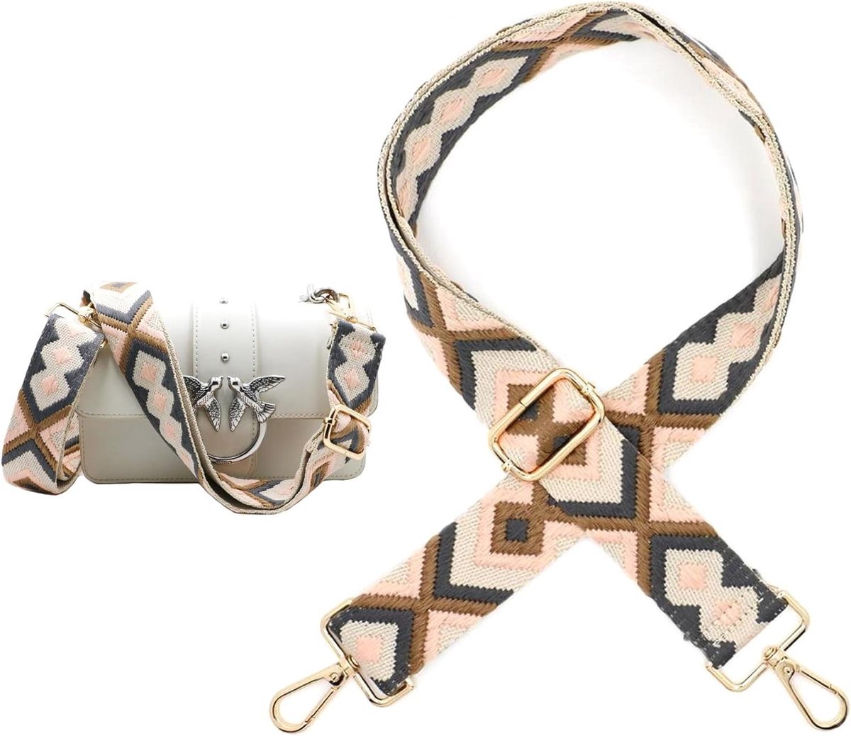 Schouderband Tassen - Verstelbare Band - Tas Transporteren - Boho Patroon - 3.8 cm Breed - Roze Grijs