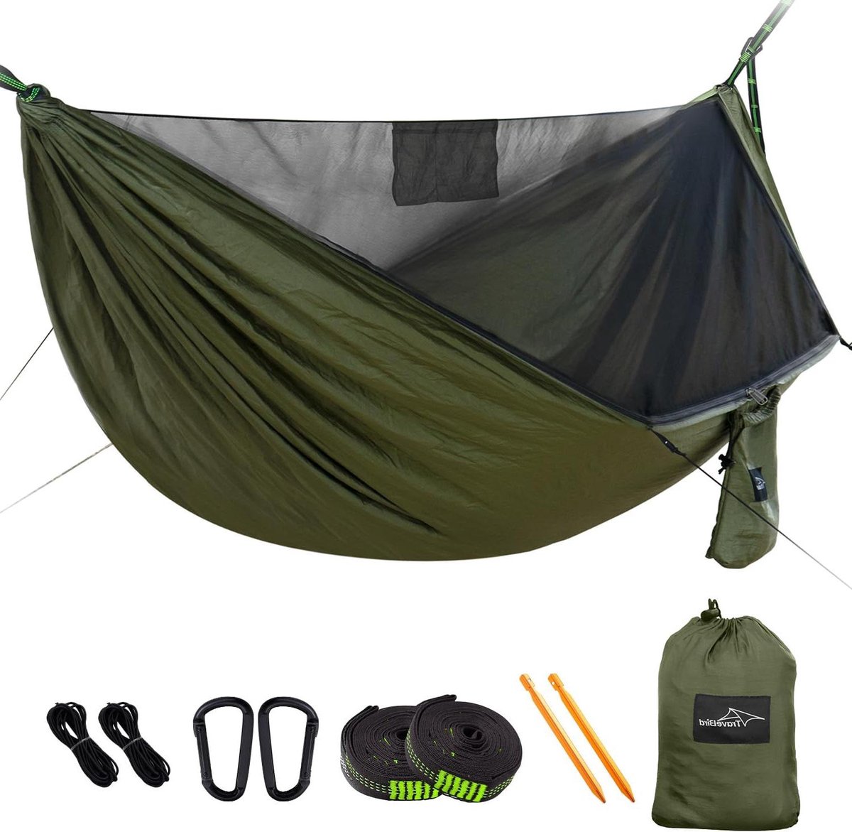 Kampeerhangmat - Buitenmat - Ontspannen in natuur - Ingebouwd muskietengordijn - 290 x 140 cm - Legergroen