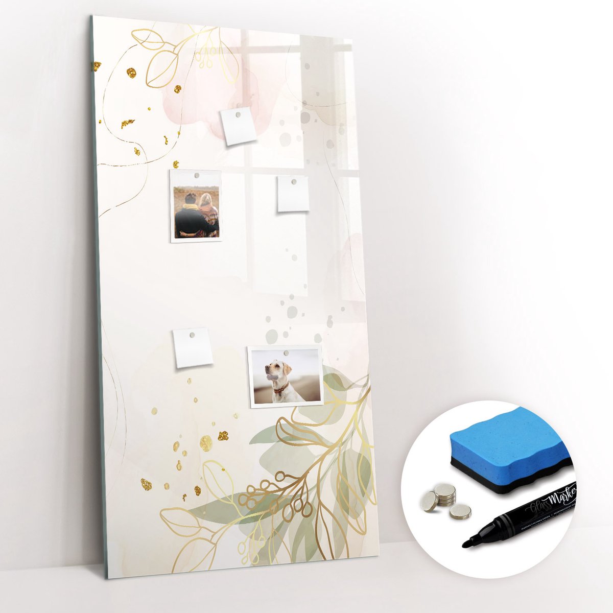 Tulup Whitebord - Gouden plant abstractie - 60 x 120 cm - Veelkleurig Memobord Magnetisch - Gratis 5 Sterke Magneten + Whiteboard Marker & Wisser - Interieur Accessoires Kantoor - Magnetisch Memobord - Productiviteit Tools