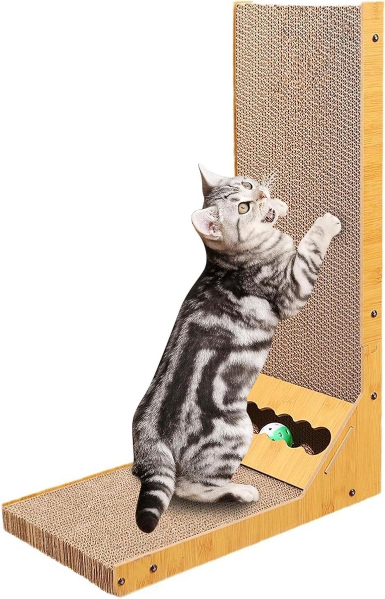 Krabplank voor katten - Krabkarton L-vorm - Krasplezier en spel - Ingebouwde speelbal - 60 cm hoog - Bruin