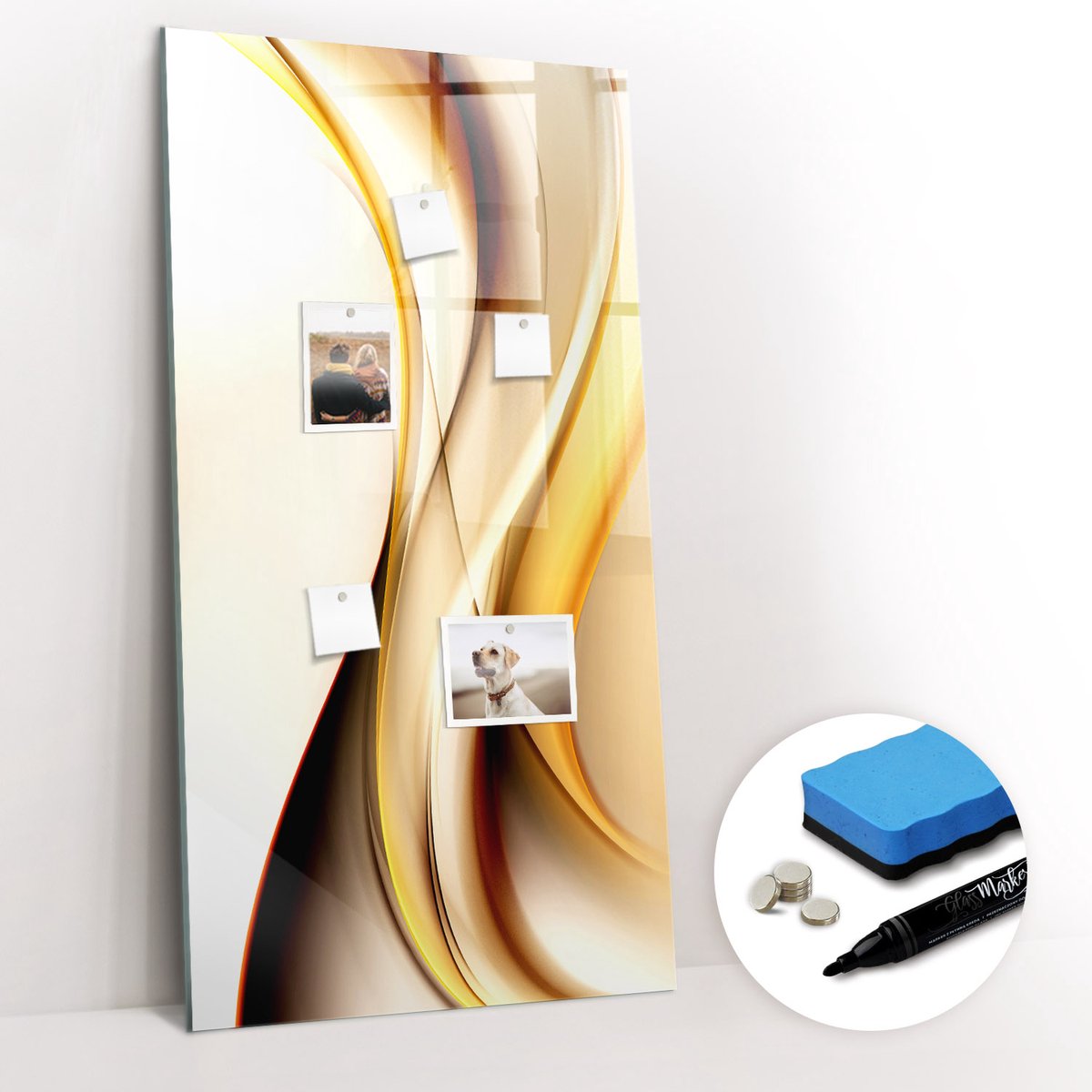 Tulup Whitebord - Gouden Golf Abstractie - 60 x 120 cm - Geel Magnetic Board - Gratis 5 Sterke Magneten + Whiteboard Marker & Wisser - Industrieel Wandbord - Memo Bord - Inspiratiebord Kantoor