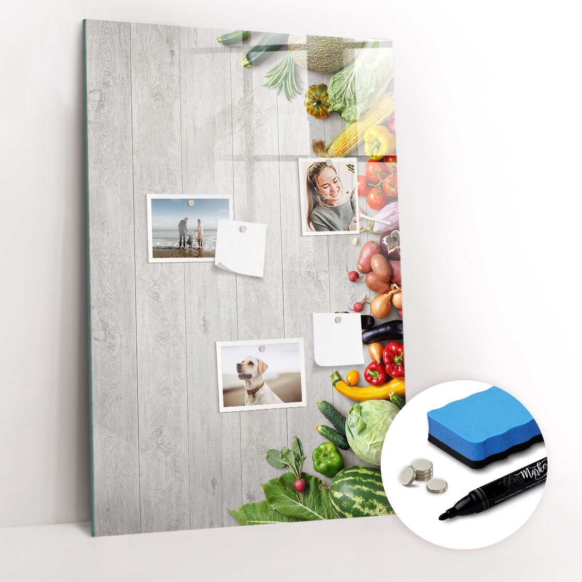 Tulup Whitebord - Groenten op een houten keukenplank - 60 x 90 cm - Veelkleurig Magneetbord Rechthoekig - Gratis 5 Sterke Magneten + Whiteboard Marker & Wisser - Scandinavisch Design Bord - Memo Bord - Planning Muur