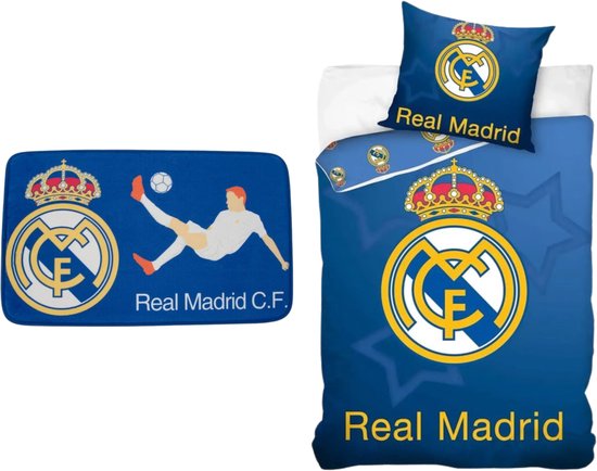 Real Madrid dekbedovertrek en bijpassend vloerkleed met logo en speler.