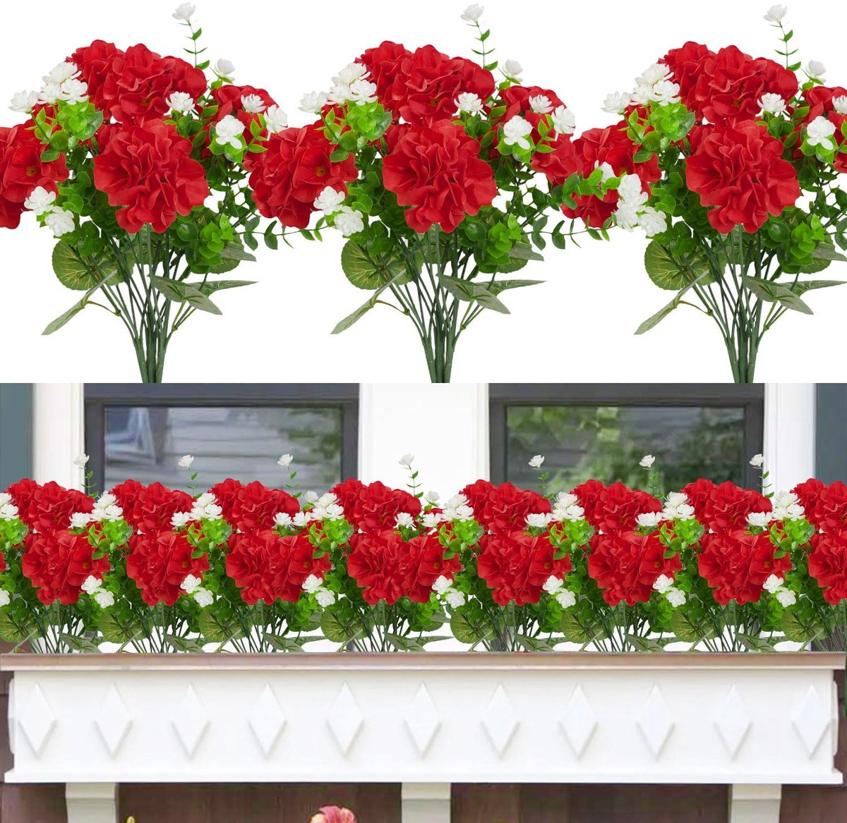 Kunstbloemen, balkon, kunstbloemen, net als echte kunstmatige geraniums, weerbestendig, balkonplanten, outdoor, uv-bestendig, voor balkon, tuin, raam, binnen en buiten, decoratie