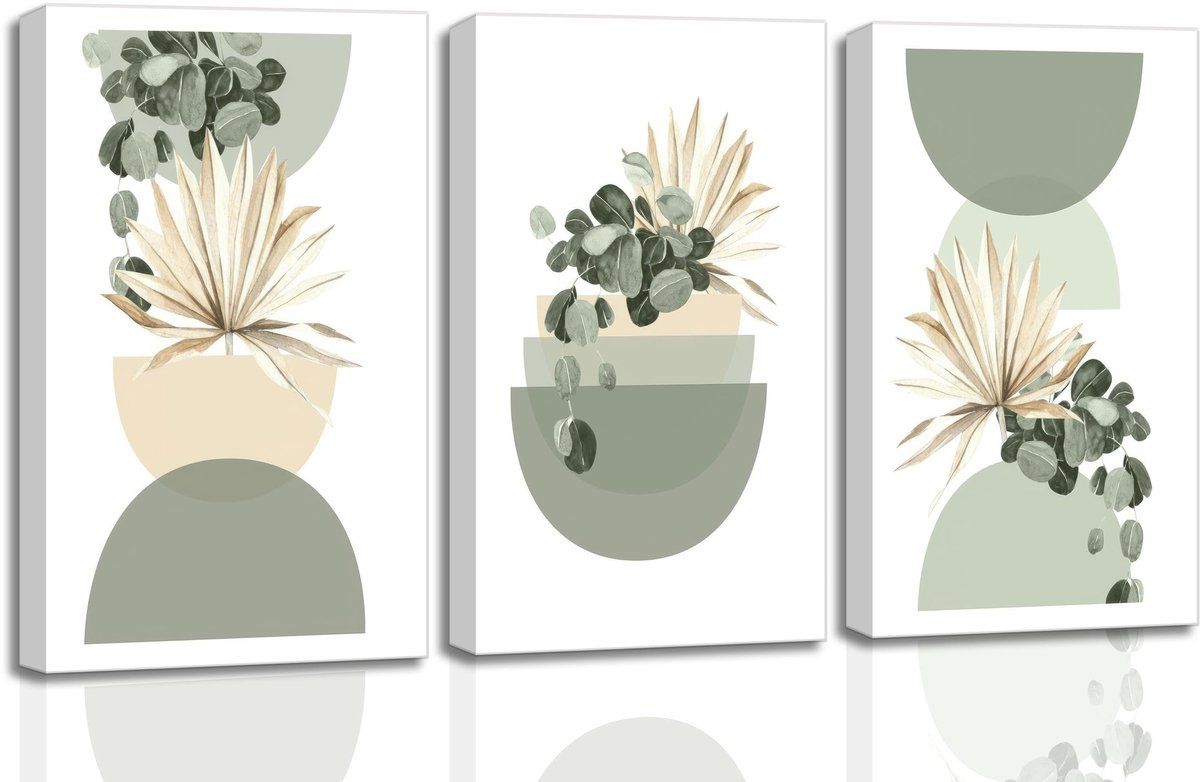 Canvas muurkunst beige saliegroen midden eeuw moderne planten bohemen foto's muurdecoratie posters prints voor slaapkamer woonkamer badkamer kantoor woondecoratie