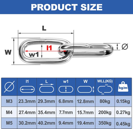 ketting, 2 m, diameter 4 mm, robuuste veiligheidsketting van metaal, kort, gelaste schakelketting, maximale belasting 200 kg, voor hek, hondenketting, hangend — afbeelding 5