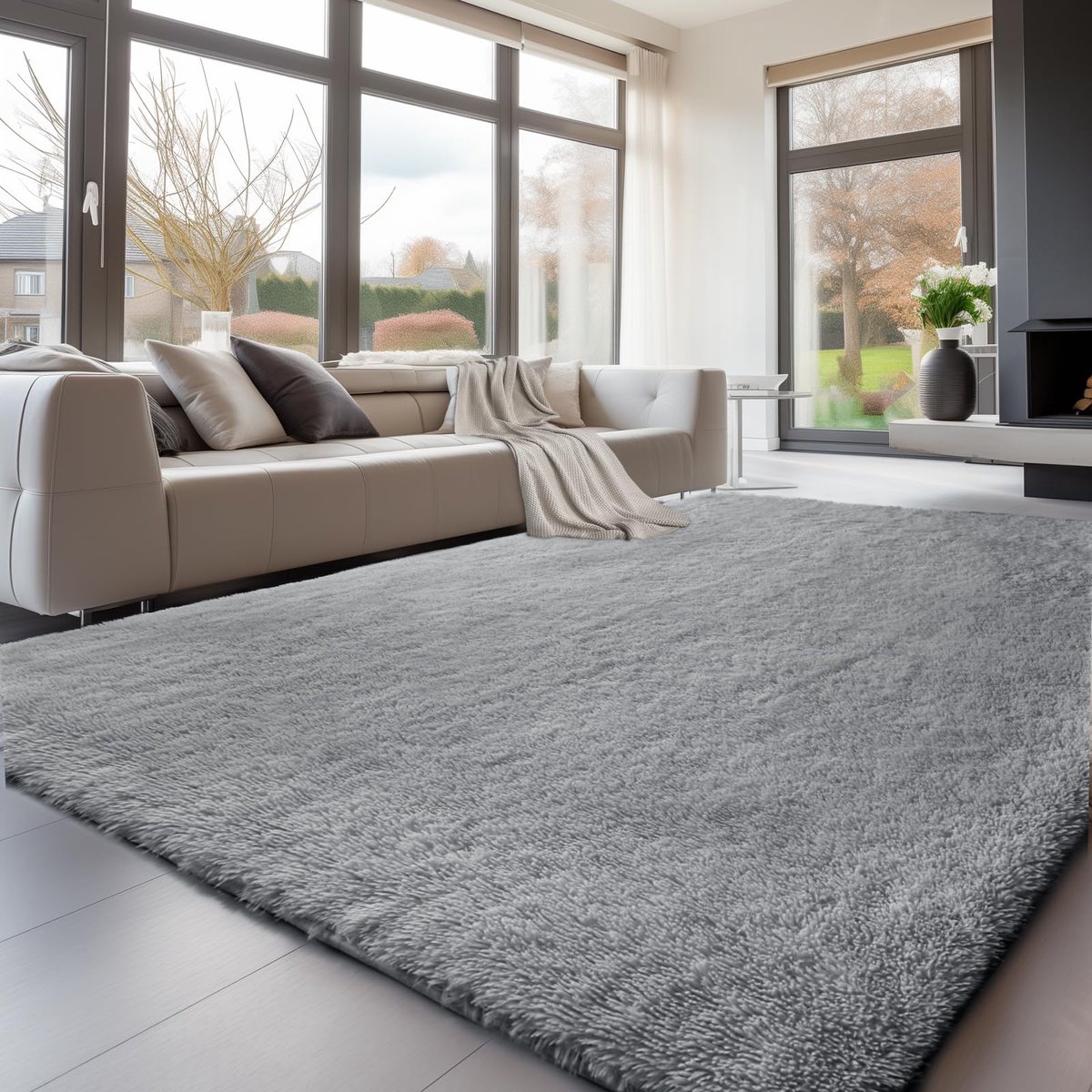 Lemon Hoogpolig tapijt 160x230cm, lichtgrijs, tapijt, woonkamer,wasbaar, antislip, extra groot, slaapkamer, pluizige moderne tapijten, mat tapijten voor slaapkamer en kinderkamer
