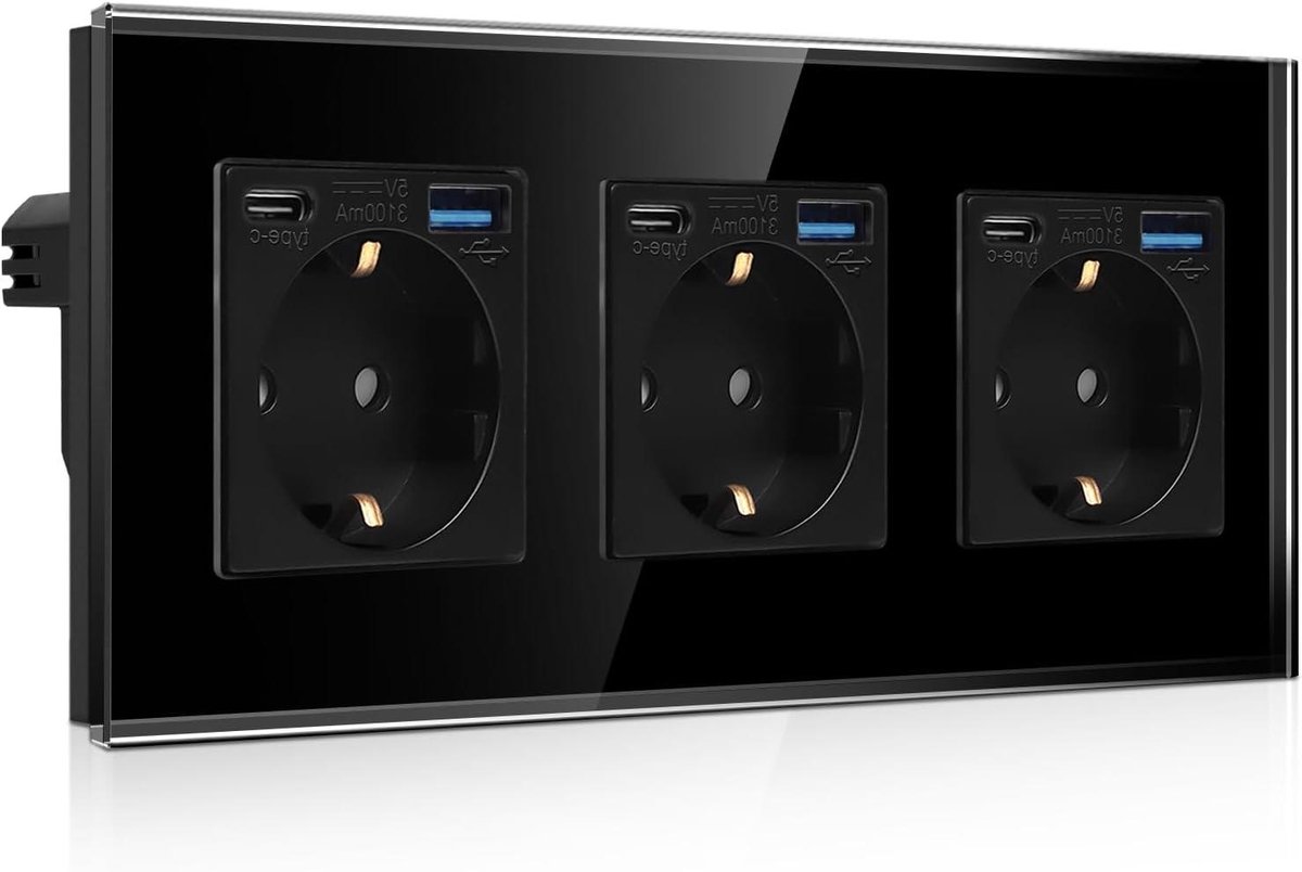 Drievoudig Schuko Inbouwstopcontact met 6 USB-poorten (USB-C en USB-A) en Snelladen