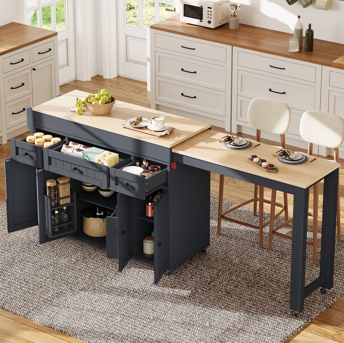 MIVRAY Sidetable - Uitschuifbare Keukeneilandtafel Met Wielen En 3 Lades - Voor Keuken En Eethoek - MDF En PB - Grijs - 190,6x45,2x92 Cm