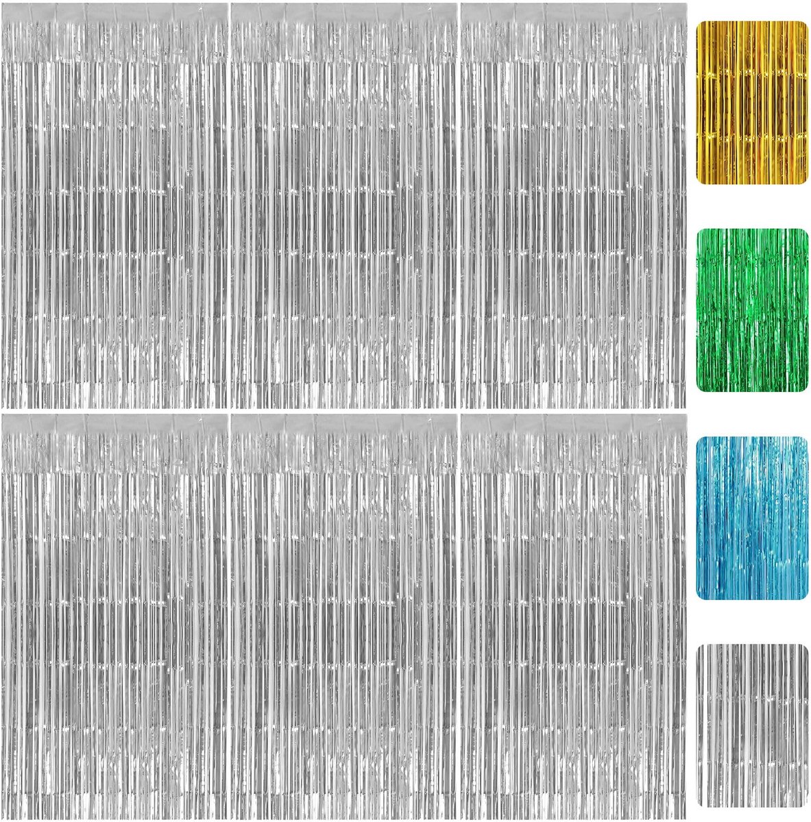 6 stuks klatergoudgordijnen zilver, 1 m x 2 m glittergordijn klatergoudgordijnen, glitterfolie franje metallic franjegordijnen voor decoratie verjaardag decoratie bruiloft feest disco (zilver)