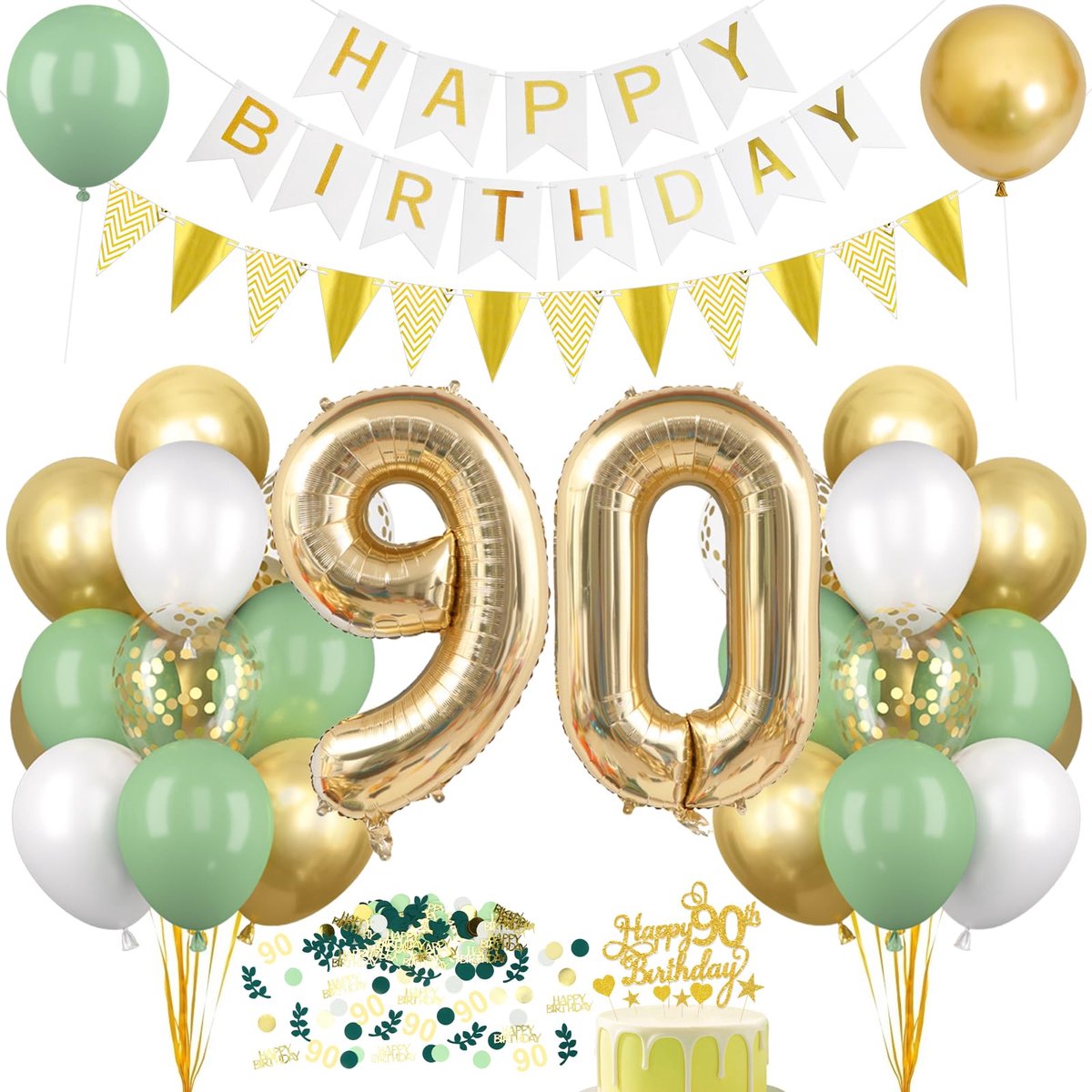 Decoratie voor 90ste verjaardag, saliegroene ballonnen, 90ste verjaardag, decoratieset, groen, wit, goud, ballon 90 met banner, taartdecoratie, Happy Birthday-slinger voor vrouwen en