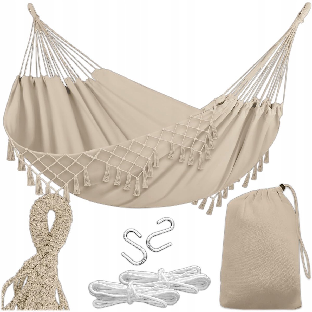 Hangmat voor buiten, boho-stijl, 190 x 150 cm, beige, 120 kg belastbaarheid, met franjes, opbergtas en 2 touwen, katoen-polyester, voor tuin, balkon, terras, outdoor en binnen