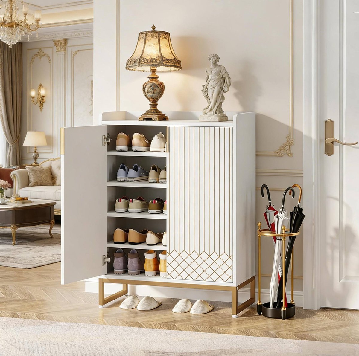 MIVRAY Schoenenkast - 5 Laags Met 2 Deuren Voor 20 Paar Schoenen - Voor Hal En Woonkamer - Hout En Metaal - Wit Goud - 75x35x105 Cm