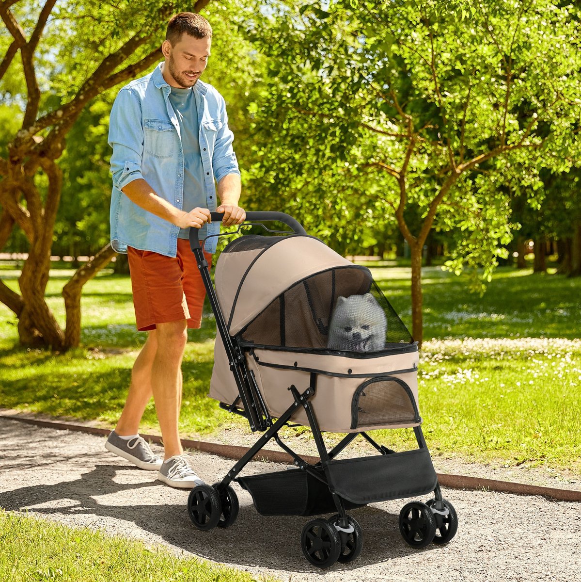 MEUNIQ hondenbuggy voor kleine honden, opvouwbare dierenbuggy met verstelbare kap, mesh-vensters, 360° voorwielen, remmen en opbergmand, 76,5 x 52 x 95 cm, bruin