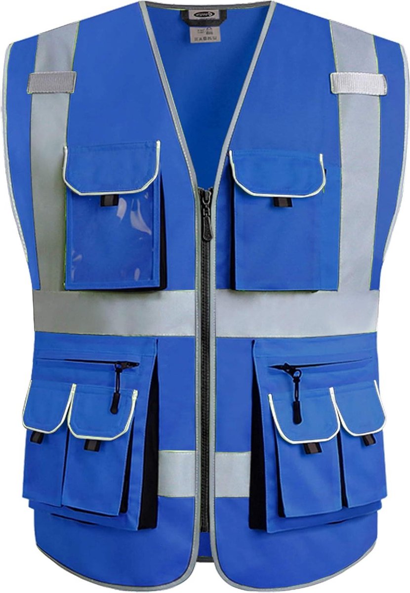 Veiligheidsvest - Hoge zichtbaarheid - Werk en verkeer - 10 multifunctionele zakken - Maat M - Blauw