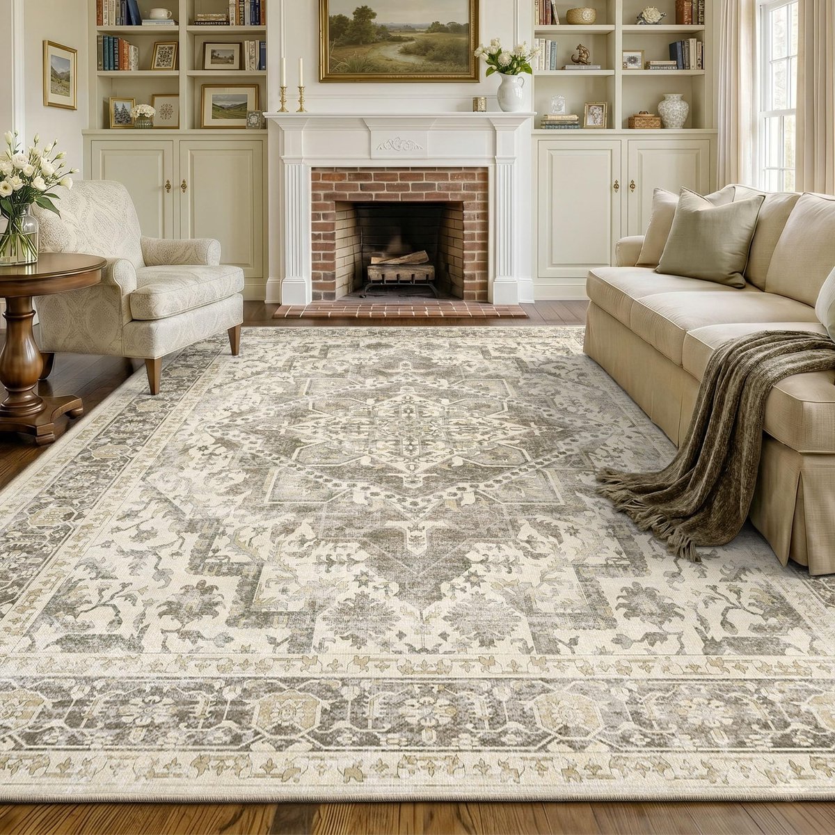 Machinewasbare Tapijten 160x230 cm Vintage Vloerkleed Laagpolig Antislip Tapijt met Print Patroon voor Woonkamer Slaapkamer Huiskontoor Binnenhuis Beige/Bruin/Camel