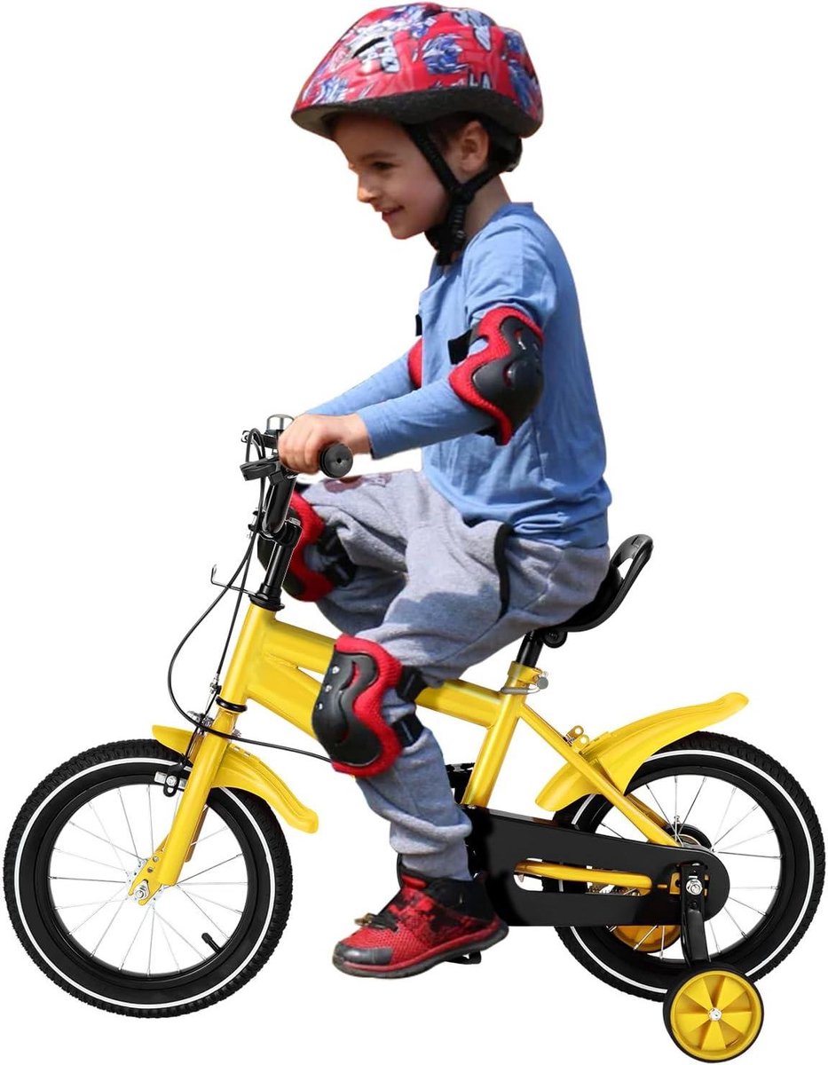 Kinderfiets - Jongensmeisjesfiets - Veilig Leren Fietsen - Dubbele Remmen - 14 inch - Geel