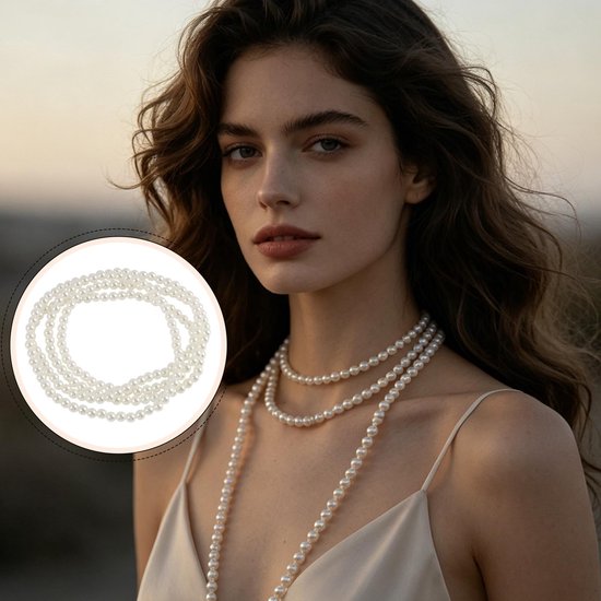 Parelketting 150 cm wit, mooie glazen halsketting 8 mm, veelzijdig draagbaar, voor Gatsby-feest, kostuum en accessoires voor dames — afbeelding 4