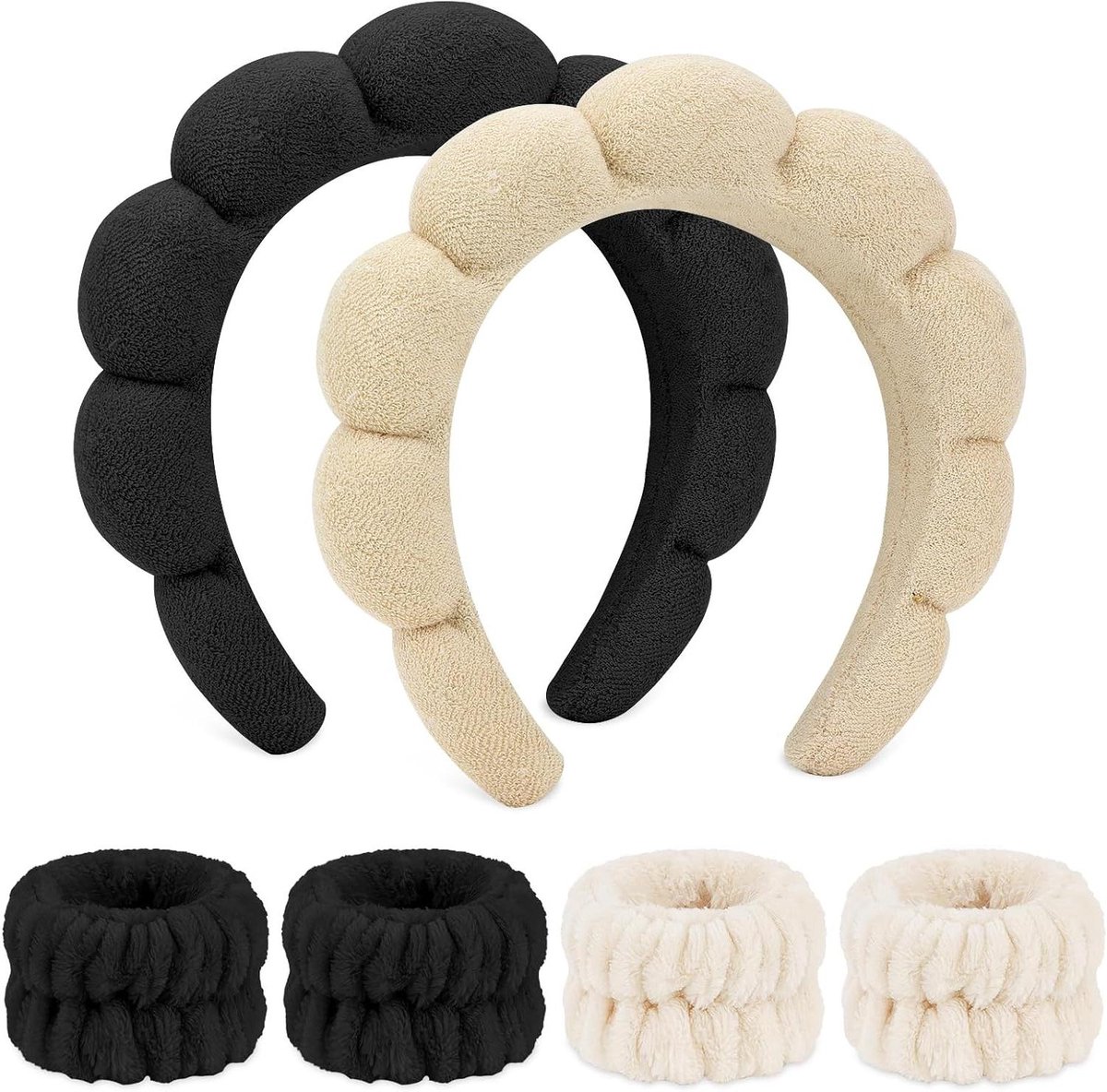 Spa Set - Hoofdband Polsbanden - Gezicht Reinigen - Zacht Absorberend Materiaal - 6 Stuks - Wit