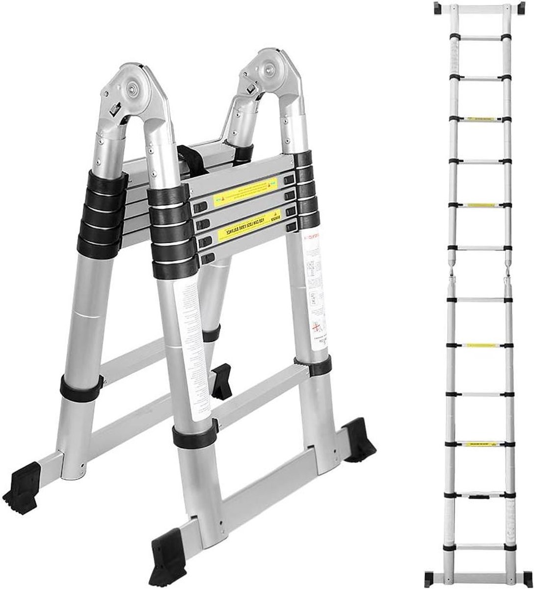 Telescopische Ladder - Uitschuifbare Ladder - Klus en Onderhoud - Veiligheidspal Vergrendeling - 38 Meter - Zilver Zwart Geel