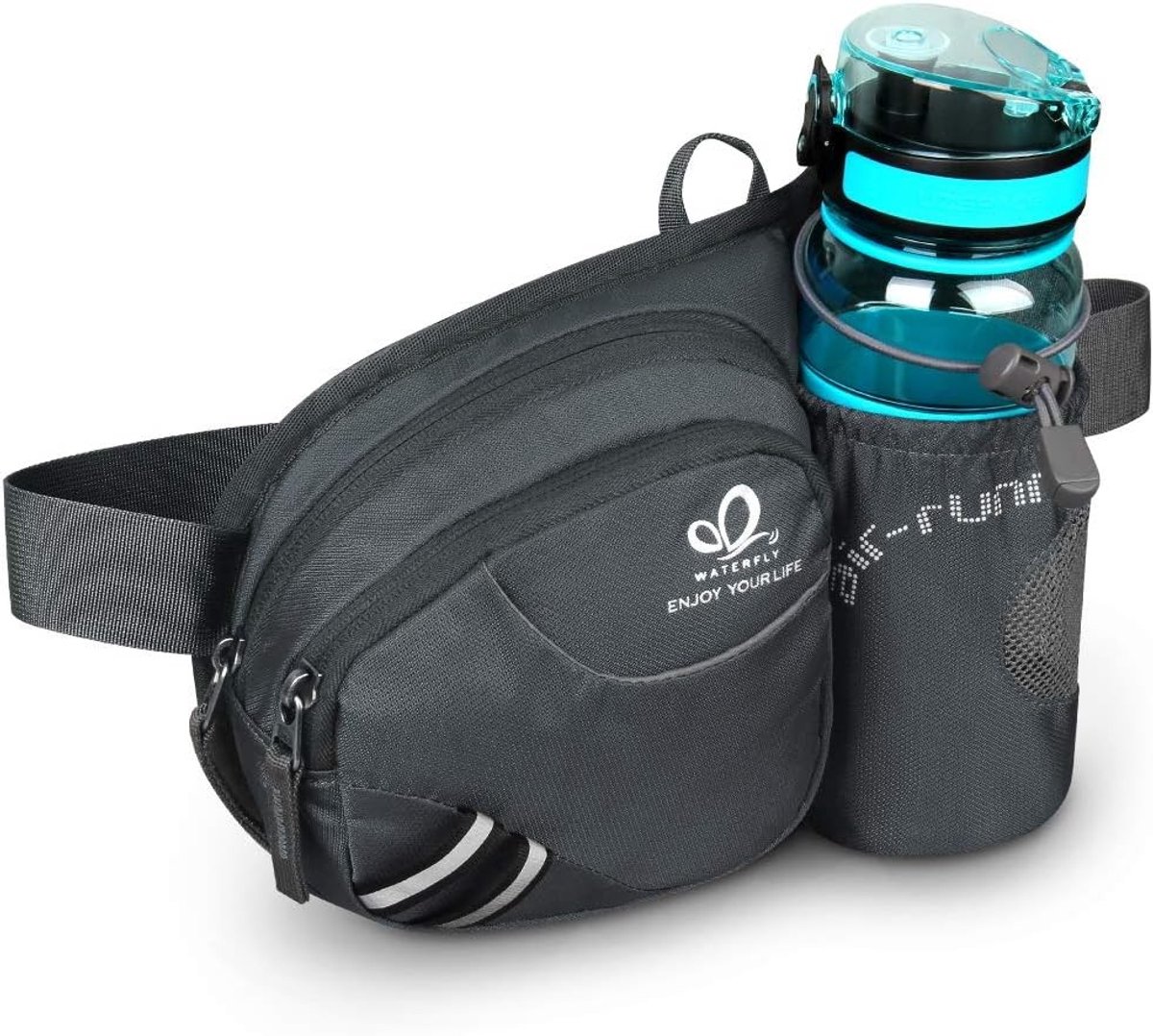 Bum Bag met Fleshouder voor Dames en Heren - Ademend Heuptasje met Reflecterende Strepen voor Hardlopen, Fietsen, Kamperen en Wandelen