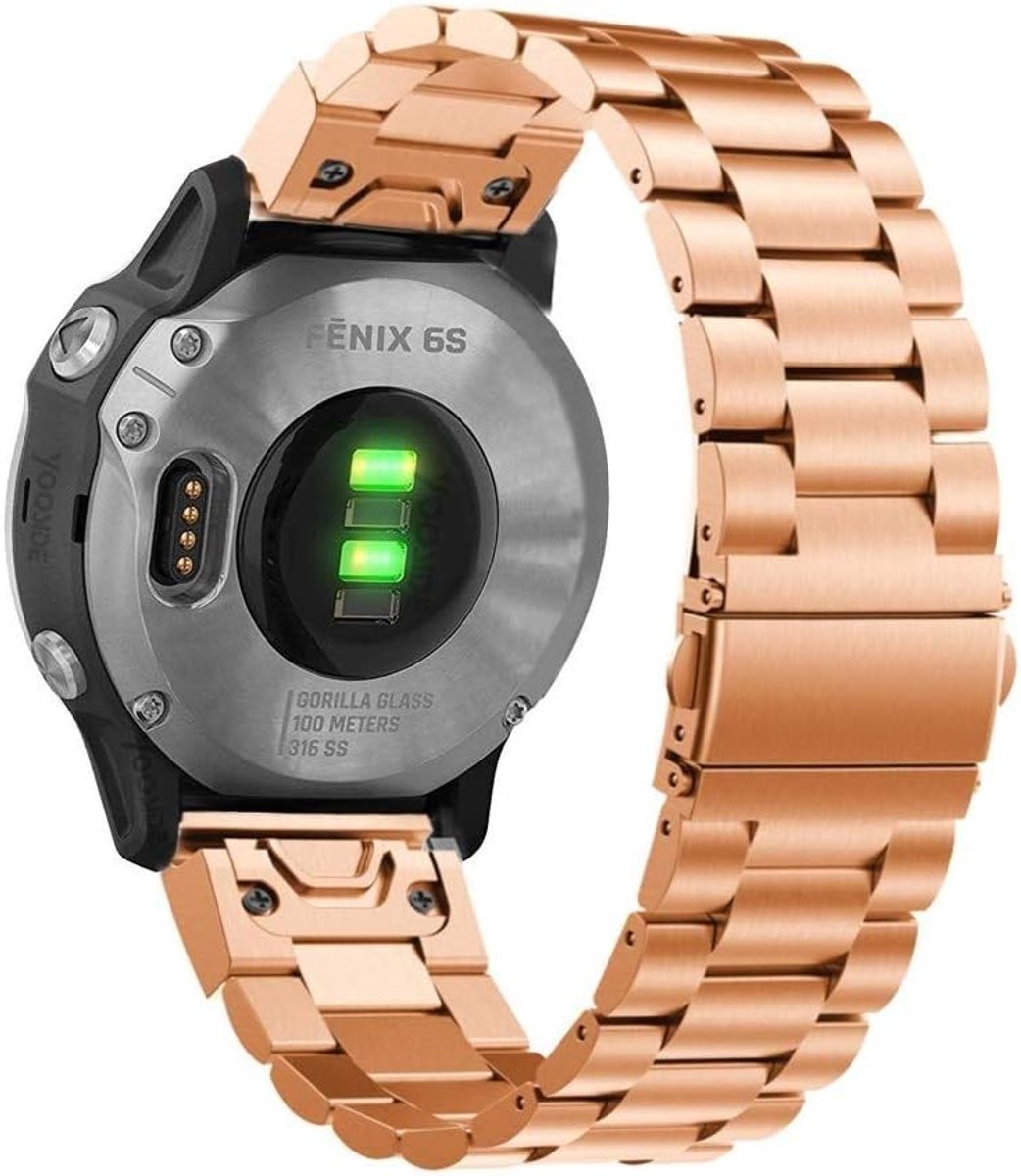 Stainless Steel Link Bracelet Vervangband voor Garmin Fenix 5S/Fenix 5S Plus Smartwatch - 20 mm Quick Fit, Roze Goud, Duurzaam en Stijlvol