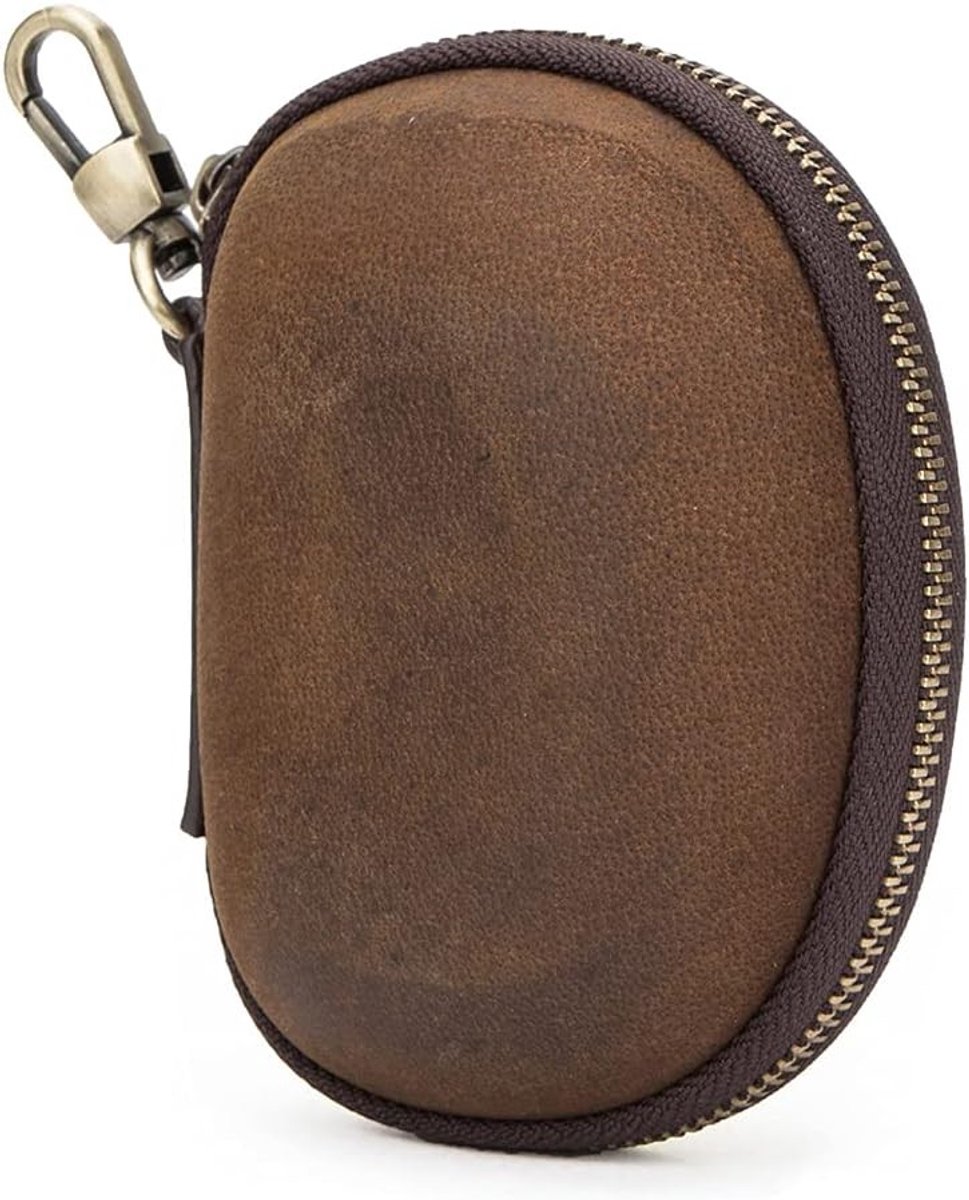 Draagbare en Vouwbare Oordopjes Opbergcase van Leer met Sleutelhanger, Retro Design, 8x4.5x11cm, Ideaal voor Reizen en Organisatie