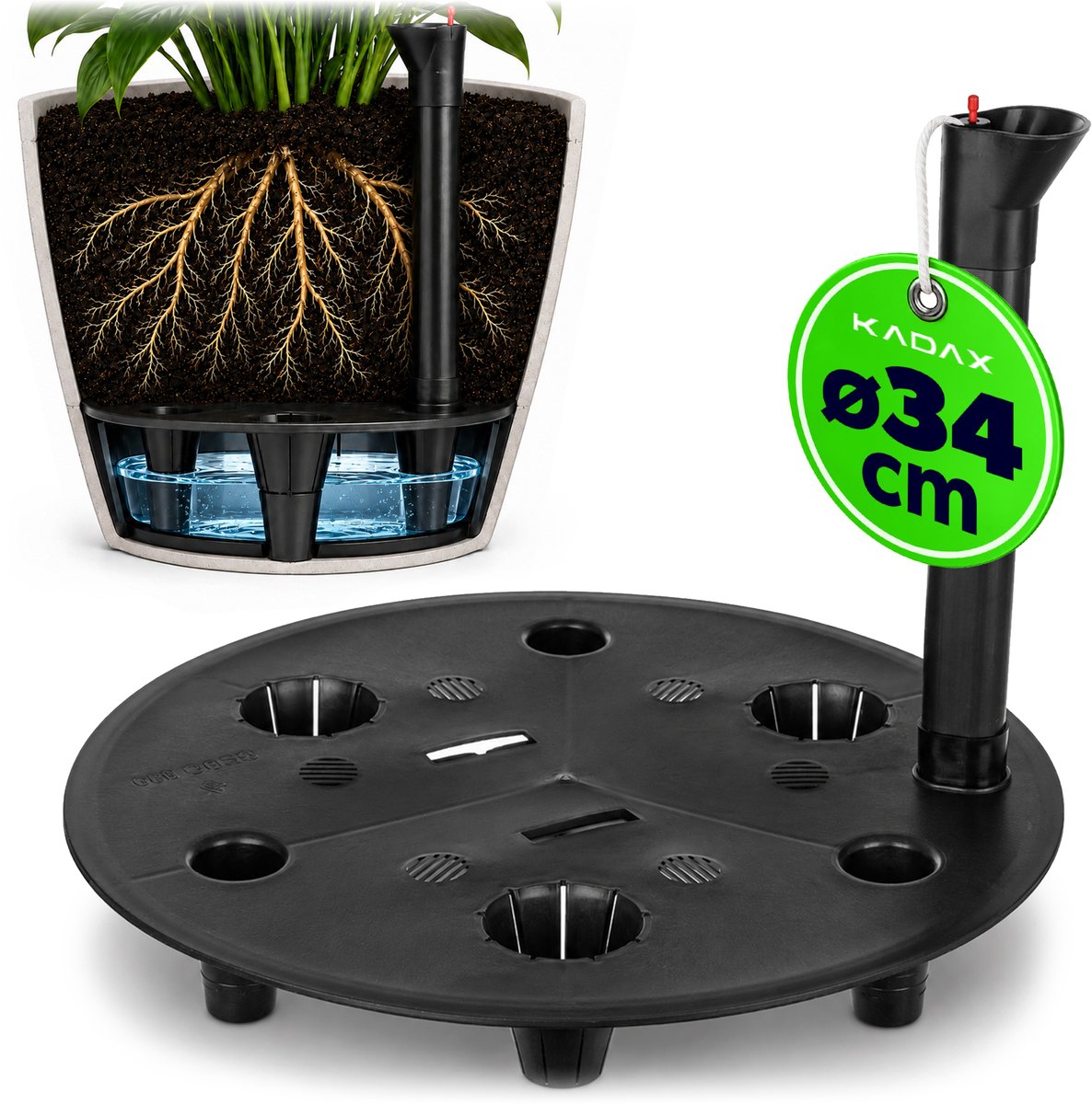KADAX bloempot-bewateringssysteem Ø 34 x H 28 cm, ronde kunststof inzet met waterpeilindicator, zelfbewateringssysteem voor bloempotten, waterreservoir