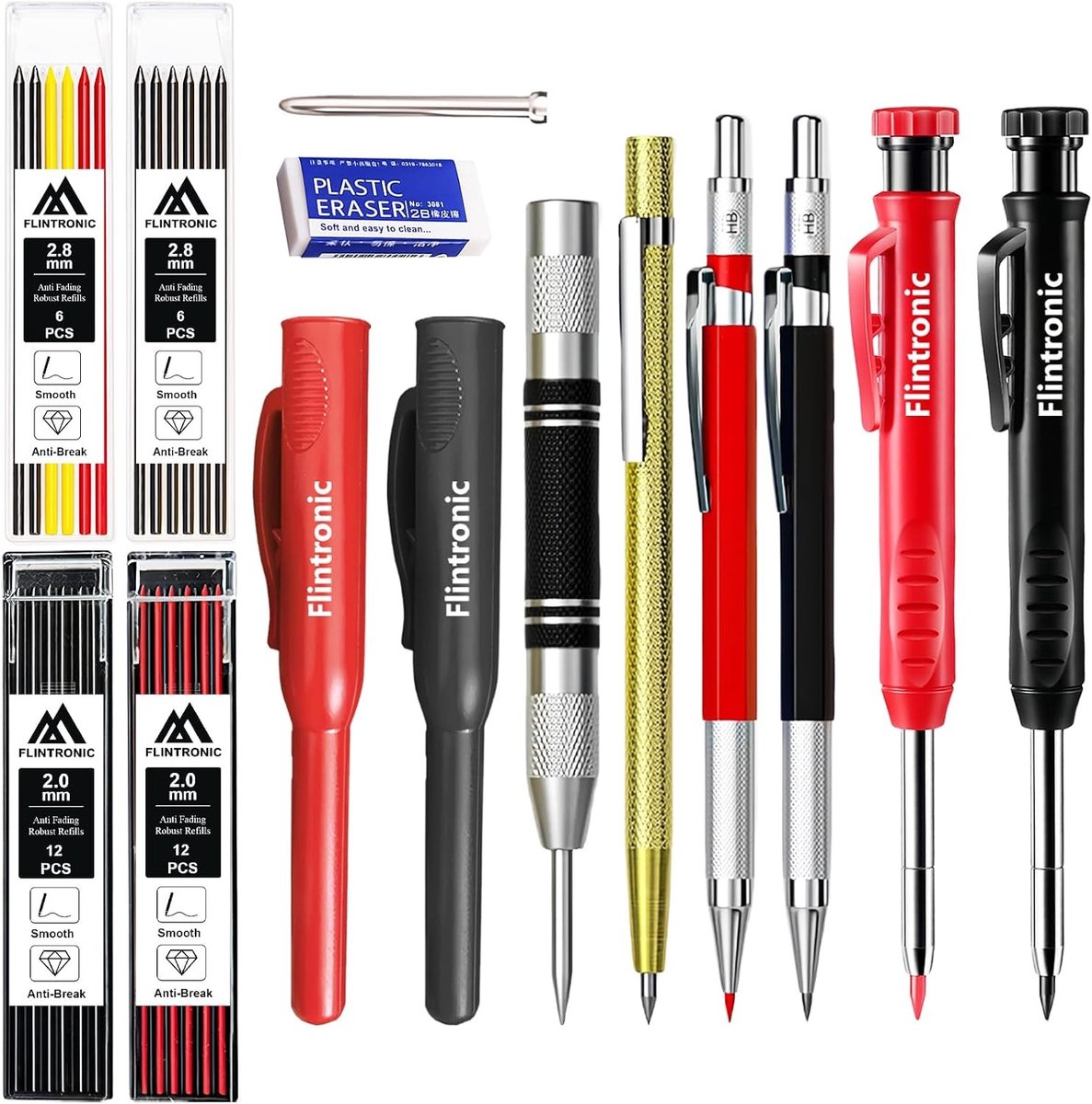 14-delige Houtbewerking Potlood Set met Slijper, Mechanische Potloden, 40 Navullingen, Automatische Center Punch en Carbide Scribe Tool voor Bouw en Architectuur