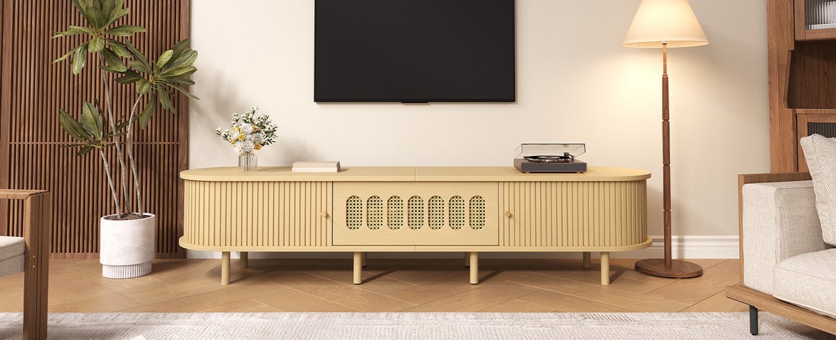 Wishdor Tv-meubel 180 x 40 x 40 cm - Rattan design - Klapdeur en twee roldeuren - 5 gesloten vakken - MDF - Naturel - Woonkamer Natural