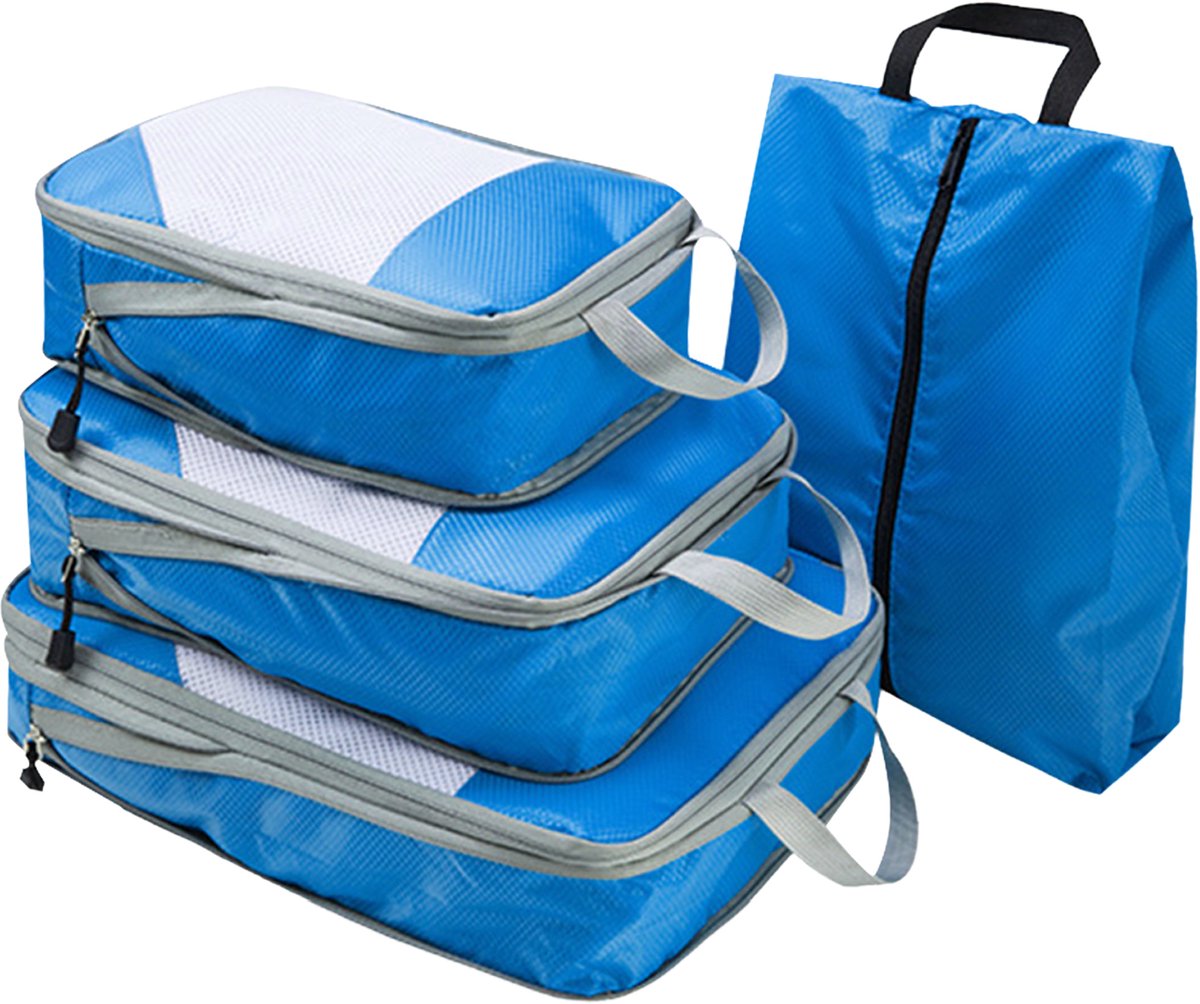 MODFU Compressiezakken voor Kleding – 4-delige Reis Set met 3 Cubes & 1 Schoenentas – Ruimtebesparend & Waterdicht – Oxford Stof – Blauw – 38x28x4 cm