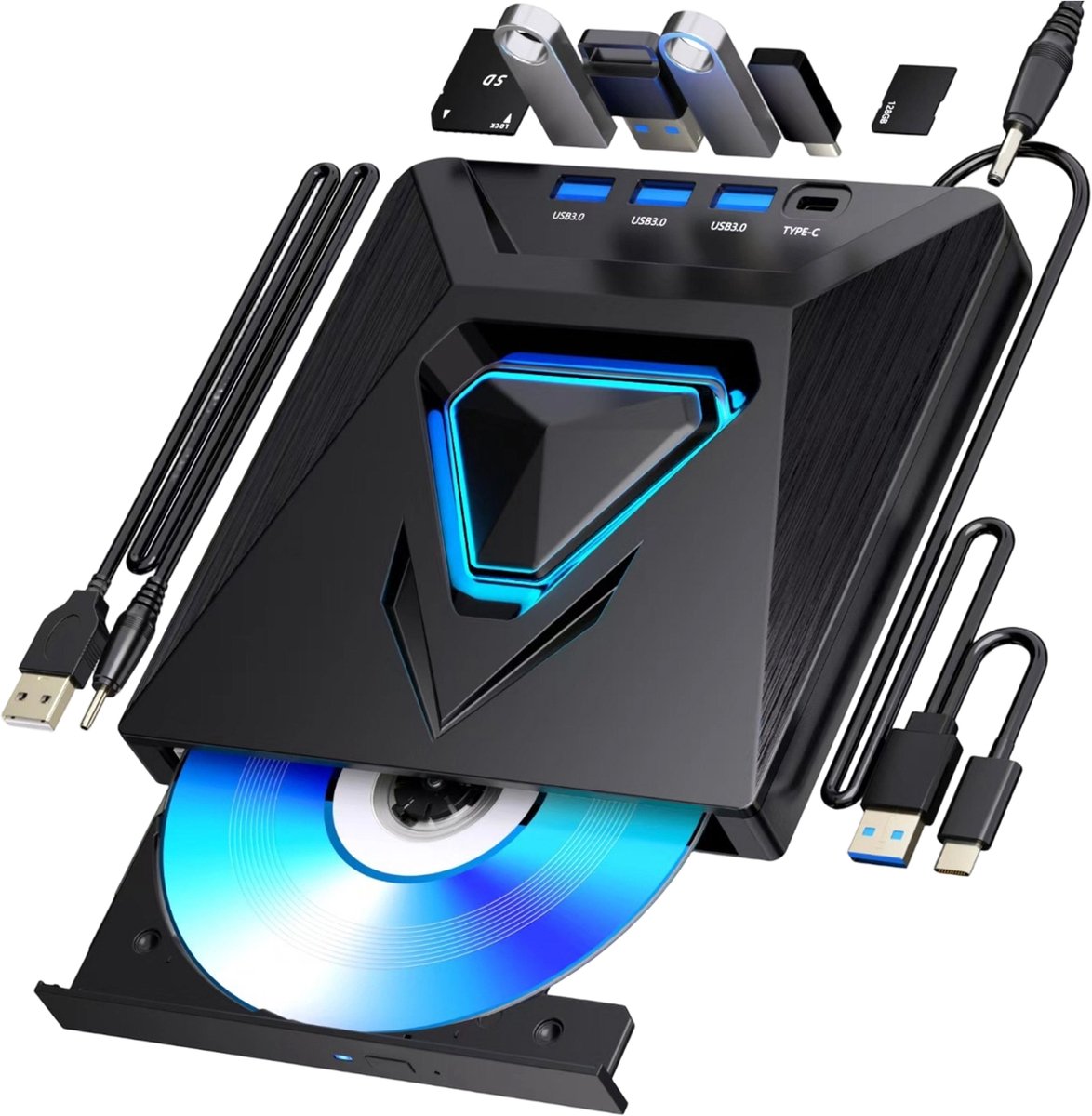 Fokelyi 8-in-1 Externe DVD Speler - CD/DVD Brander Met USB 3.0 En Type-C - 5Gbps Hoge Snelheid - 30GB In 7 Seconden - Plug & Play Optische Drive - Compatibel Met Windows En Mac