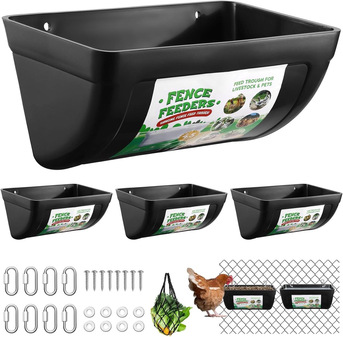 Set van 4 Hekken voor Kippen, 4.5 Liter Voederbakken voor Geiten, Hangende Voederbakken met Beugels en Schroeven, Inclusief Treat Bag, Wateremmer voor Pluimvee, Voederoplossing voor Varkens en Runderen